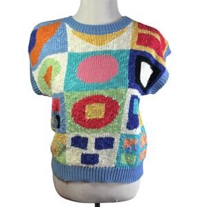Vintage Mariea Kim Sweater Women Short Sleeve Knit Fuzzy Multicolor